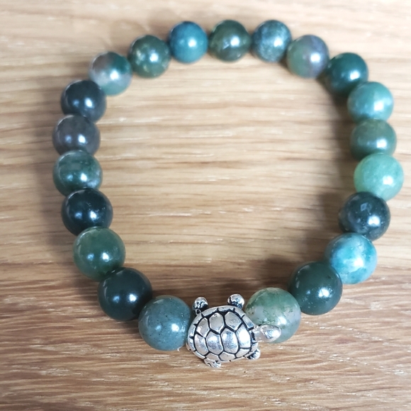 Hand Crafted Jewelry - Handcrafted Green Moss Agate Beads & Silver Turtle Accent Bracelet